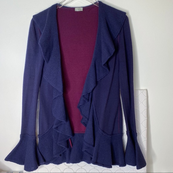 Cashmere Italian Drape Front Ruffle Open Cardigan Sweater Bell Sleeves Medium - Picture 6 of 7